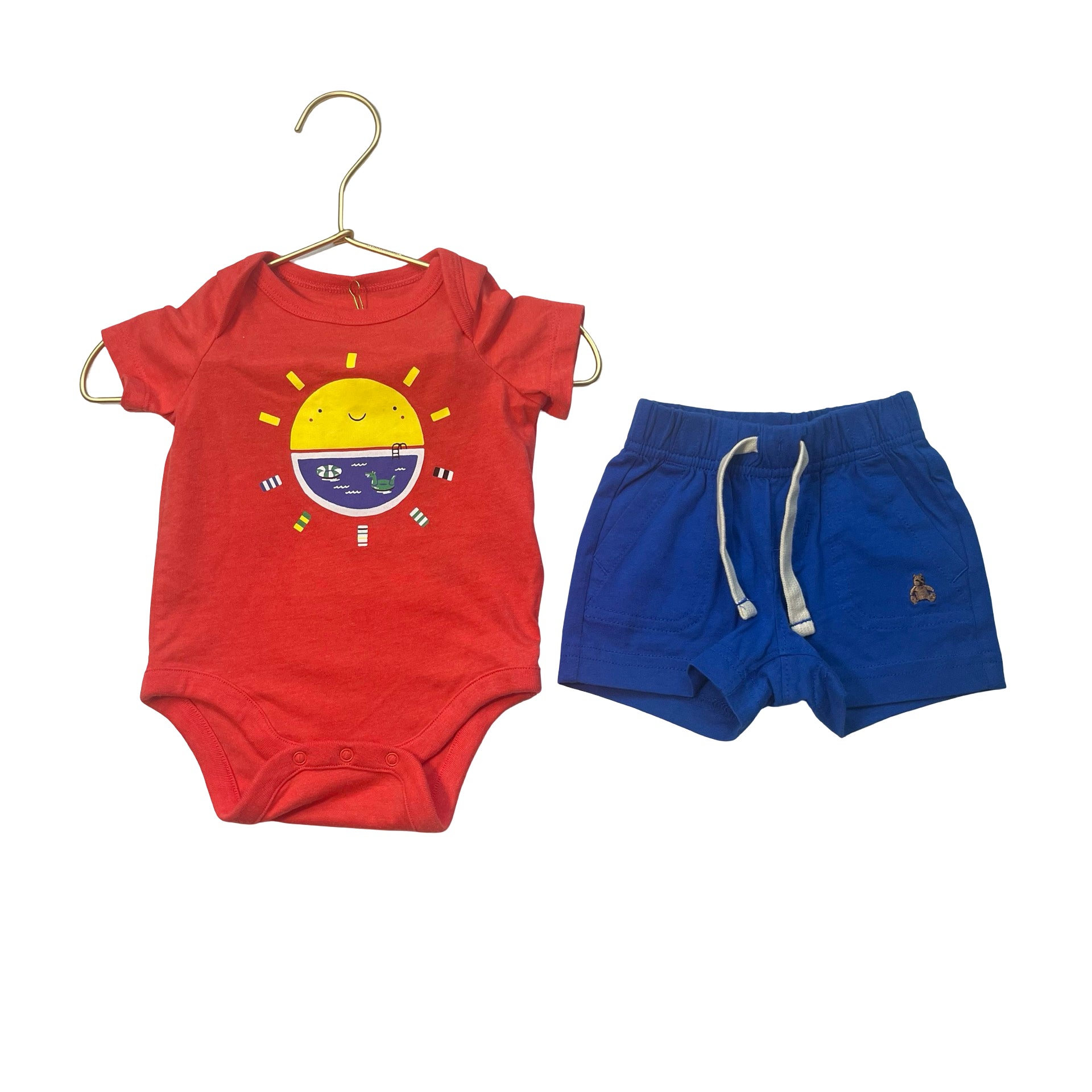 Baby Gap Red Sun Graphic Onesie Bodysuit & Blue Shorts Set - Size 0-3 Mo