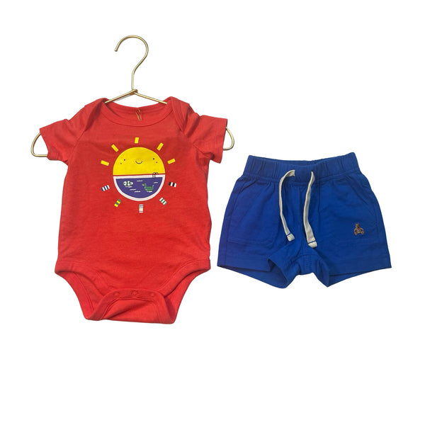 Baby Gap Red Sun Graphic Onesie Bodysuit & Blue Shorts Set - Size 0-3 Mo