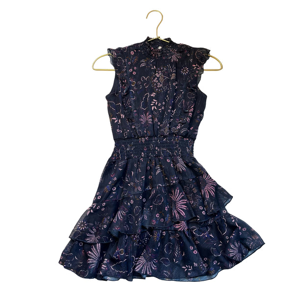 Aqua Navy Floral & Metallic Dress - Size M 9-10