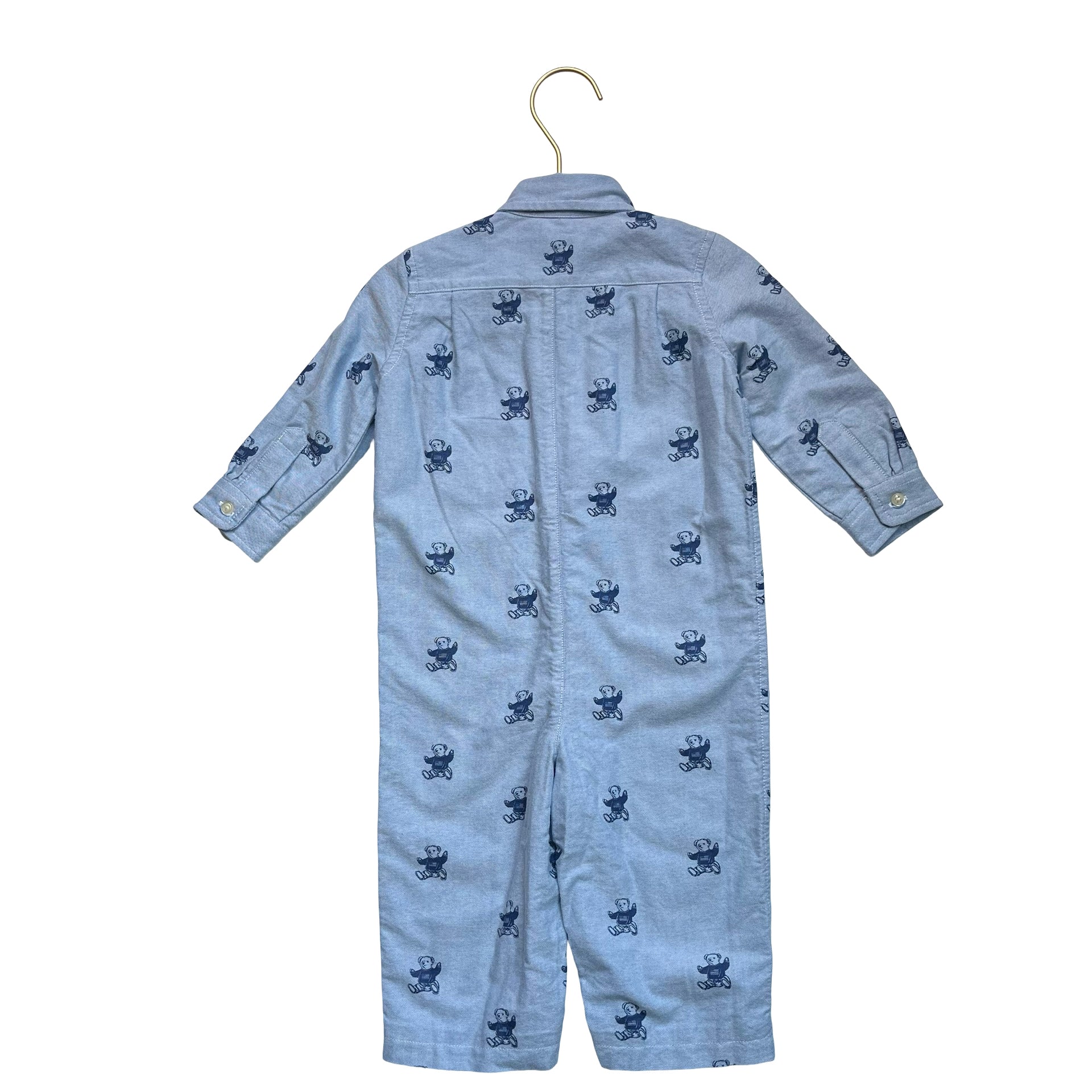 Ralph Lauren Blue Oxford Polo Bear Print Button Down One-Piece - 9 Mo