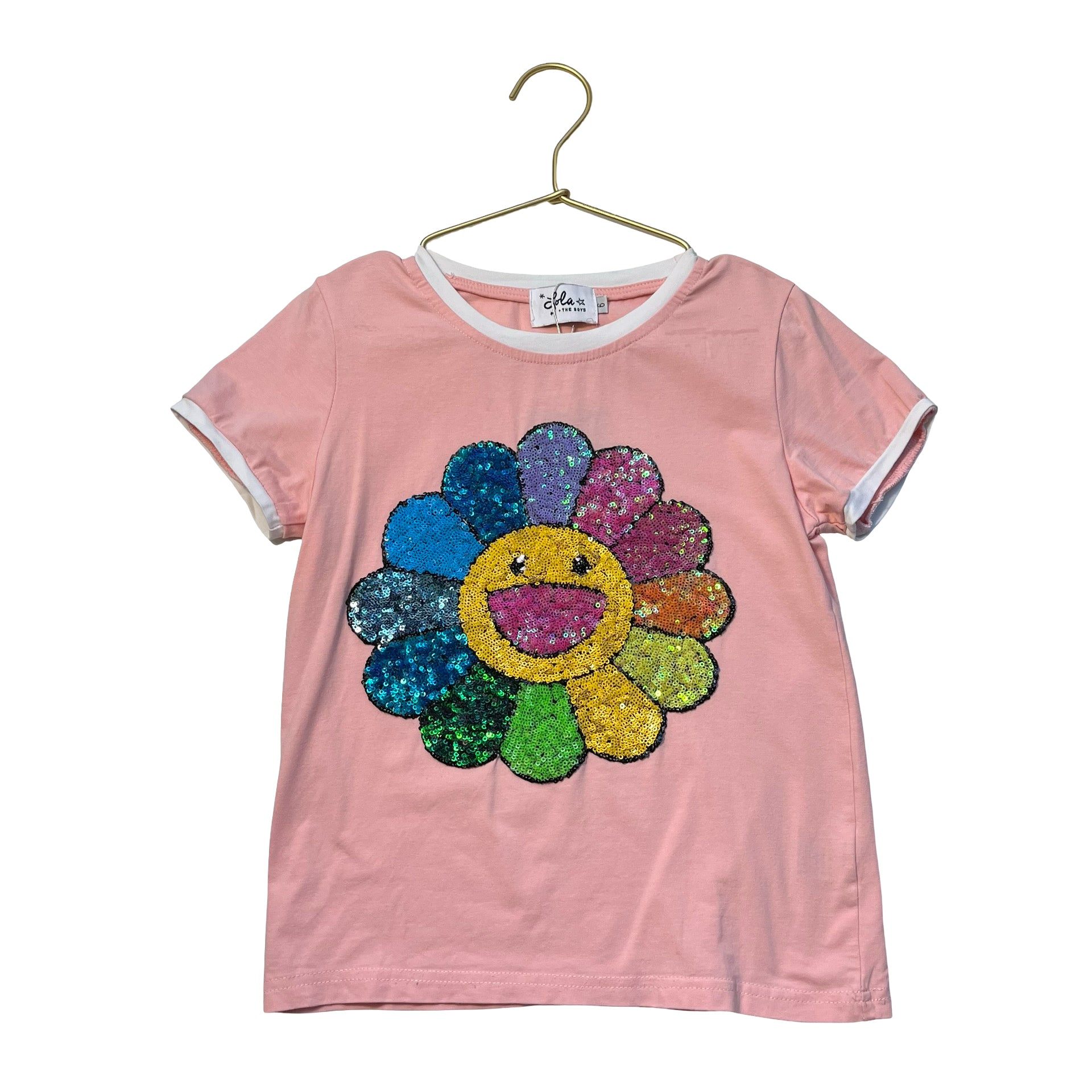 Lola & The Boys Pink Sequin 'Happy Daisy Ringer' T-Shirt - Size 6