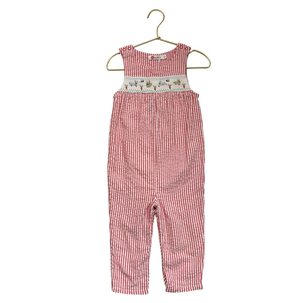 Baby Boden Red Striped Seersucker Smocked Bunny Overalls - Size 18-24 Mo