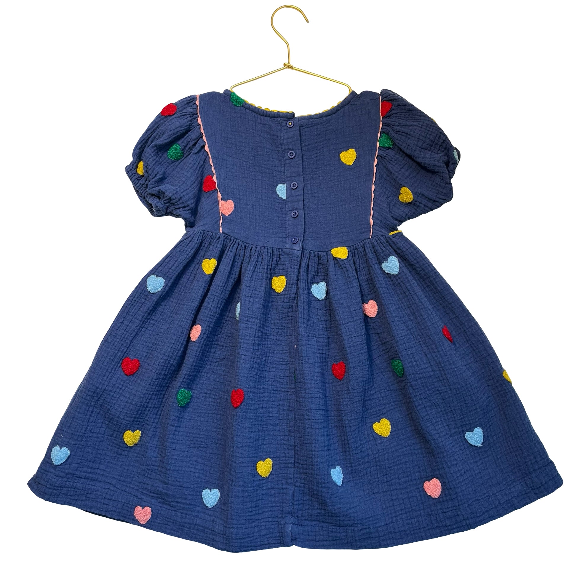 Mini Boden Navy Cotton Gauze Heart Applique Dress - Size 6-7Y