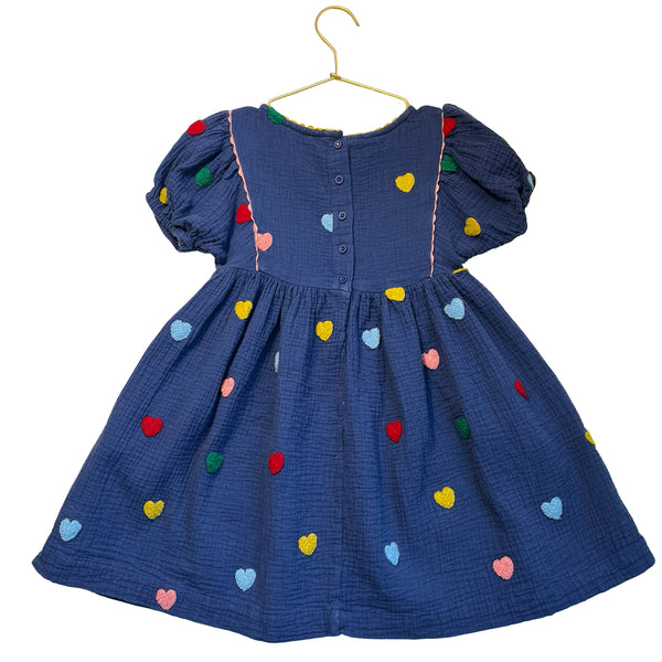 Mini Boden Navy Cotton Gauze Heart Applique Dress - Size 6-7Y