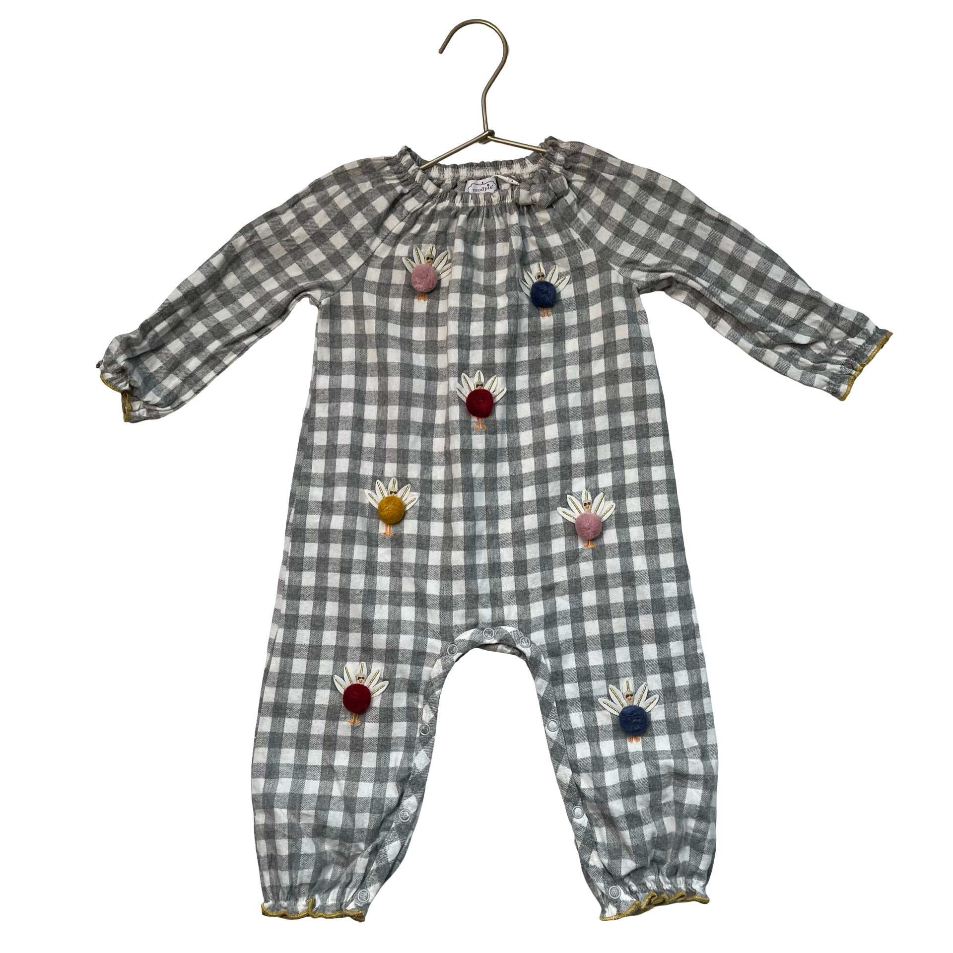 Mud Pie Gray Check Flannel Turkey Pom-Pom Jumpsuit - Size 12-18 Mo
