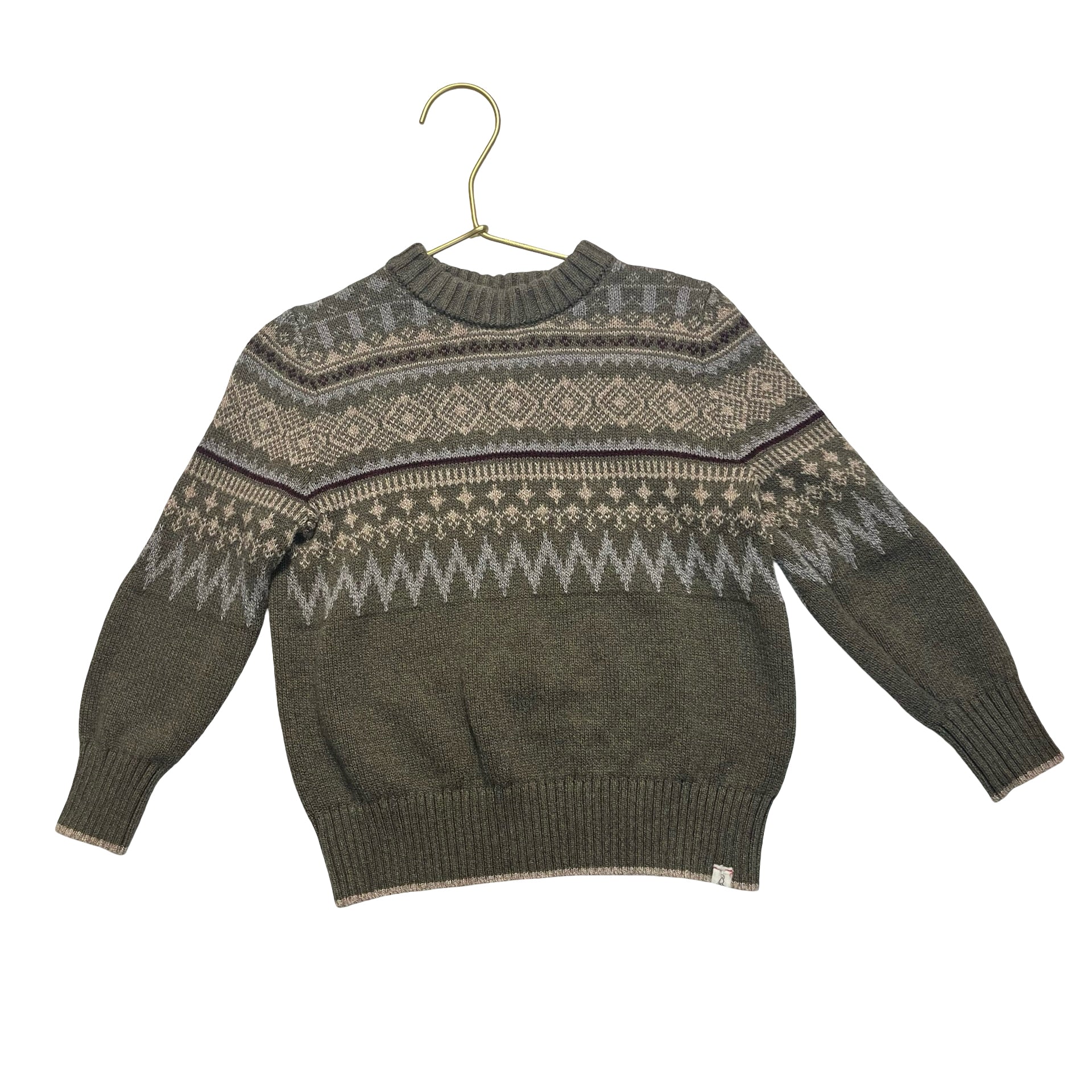 Me & Henry Olive Green Fair Isle Cotton Sweater - Size 2-3