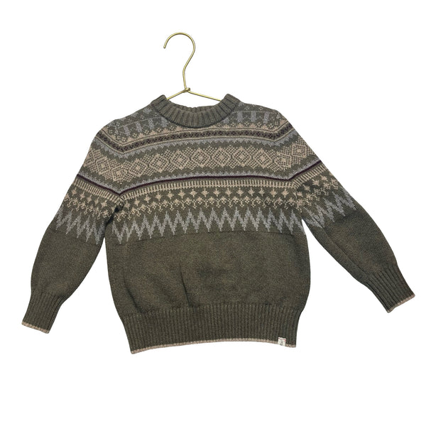 Me & Henry Olive Green Fair Isle Cotton Sweater - Size 2-3