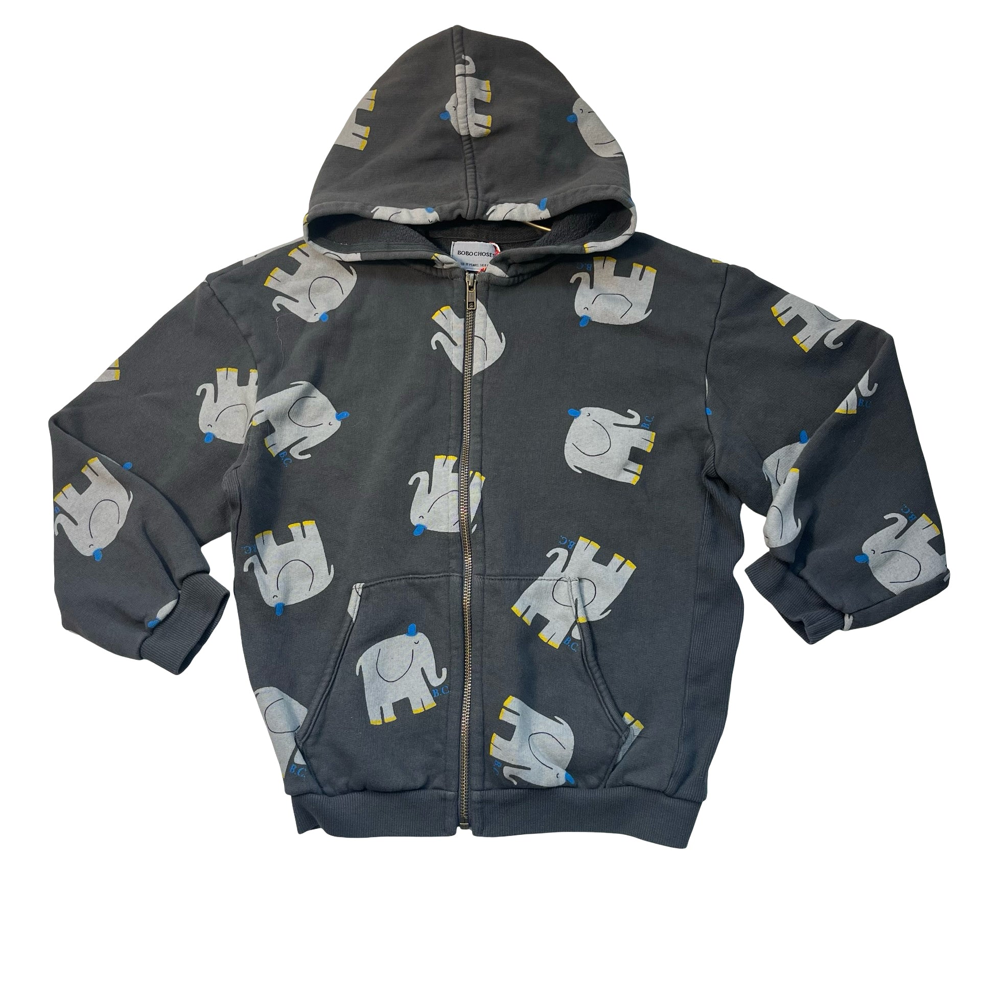 Bobo Choses Gray Elephant Print Zip-Up Hooded Sweatshirt - Size 10-11