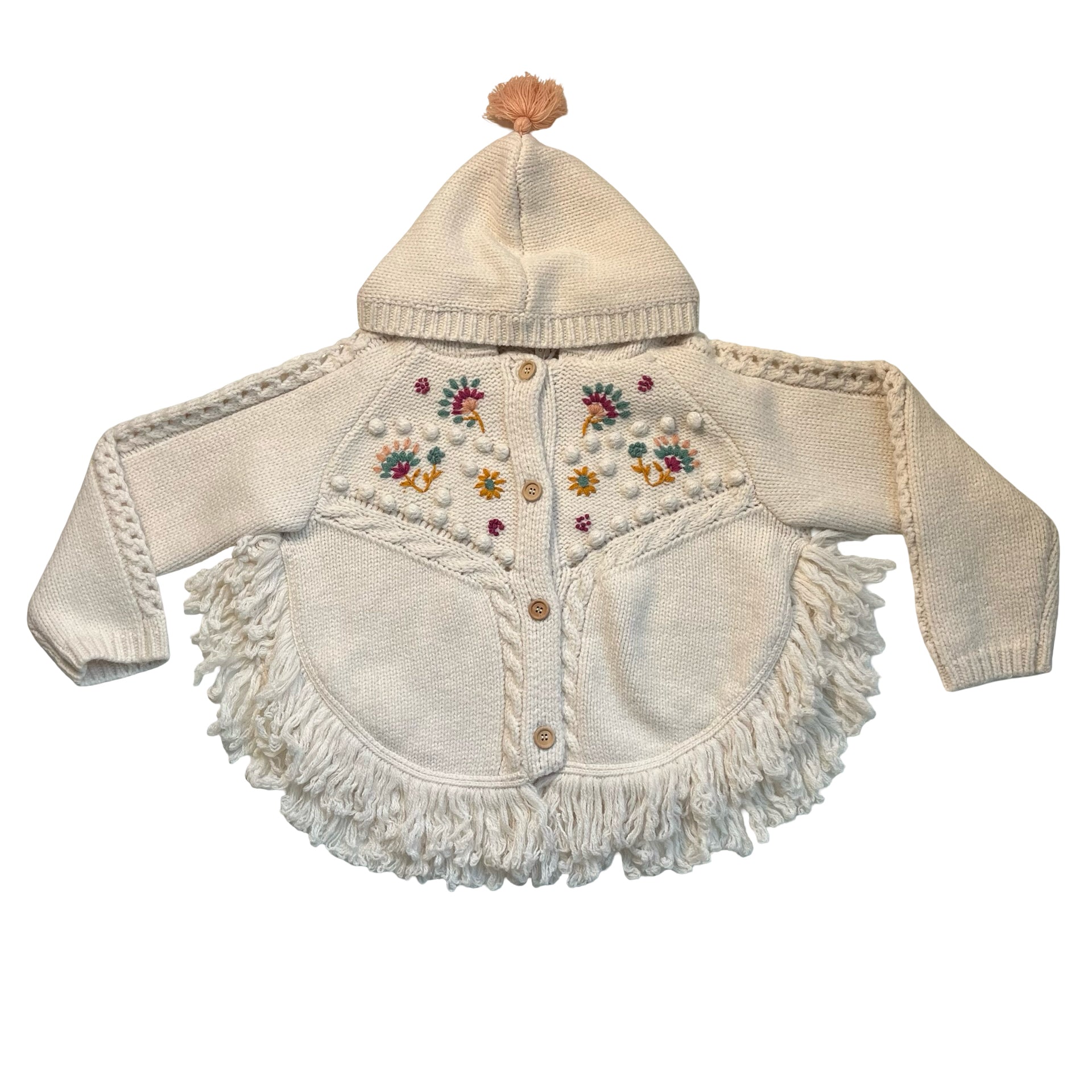 Louise Misha Ivory Embroidered Hooded Poncho Cardigan Sweater - Size 6Y