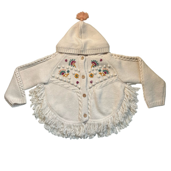 Louise Misha Ivory Embroidered Hooded Poncho Cardigan Sweater - Size 6Y