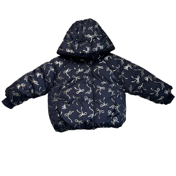 Baby Gap Faux-Fur Lined Navy & Silver Bow Print Hooded Winter Jacket - Size 2