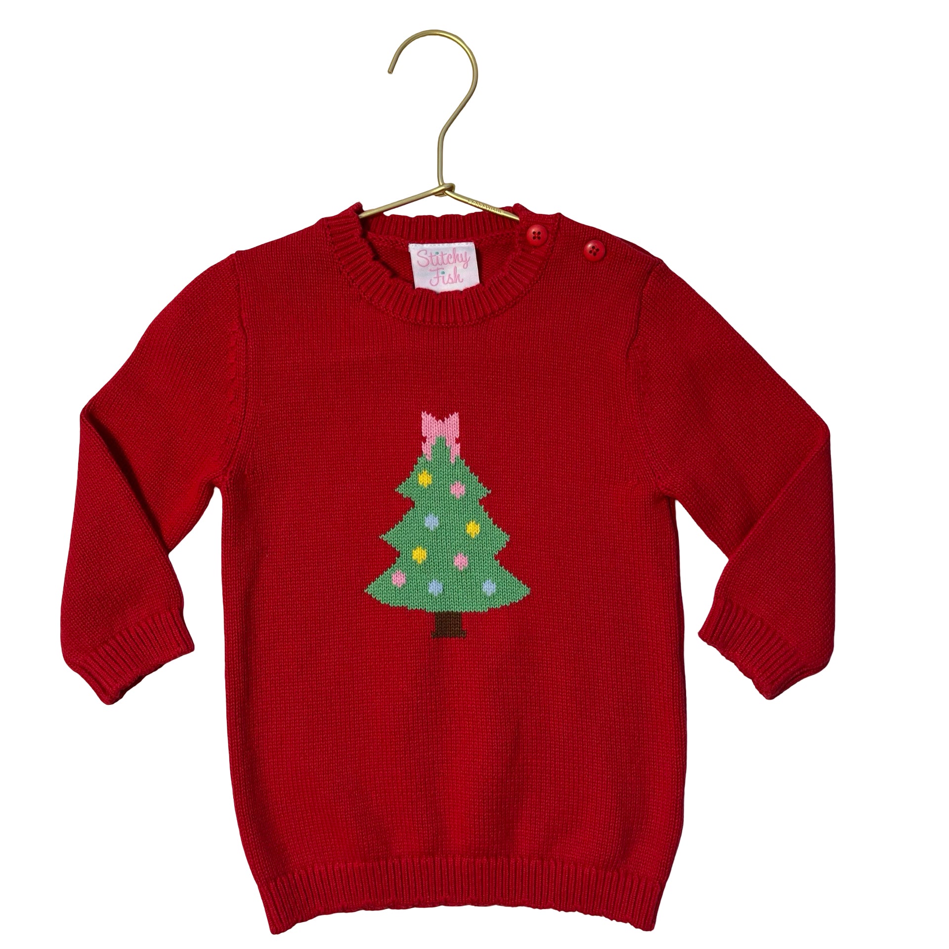Stitchy Fish Red Cotton Christmas Tree Sweater - Size 18 Mo