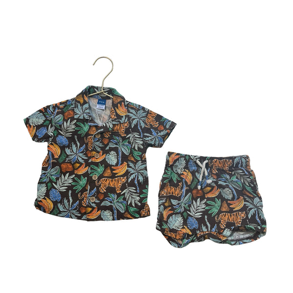 Old Navy Brown Tropical Tiger Linen Blend Shorts & Button Down - Size 6-12 Mo