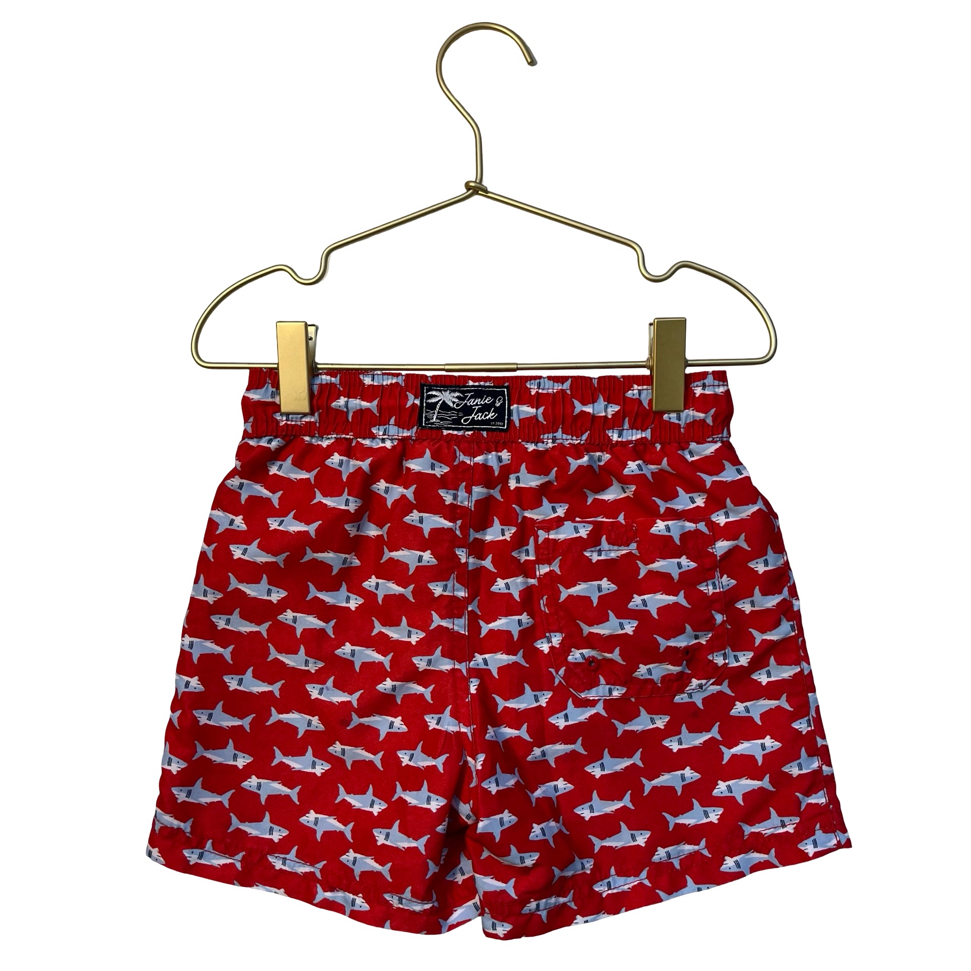 Janie and Jack Red Shark Print Swim Trunks - Size 4