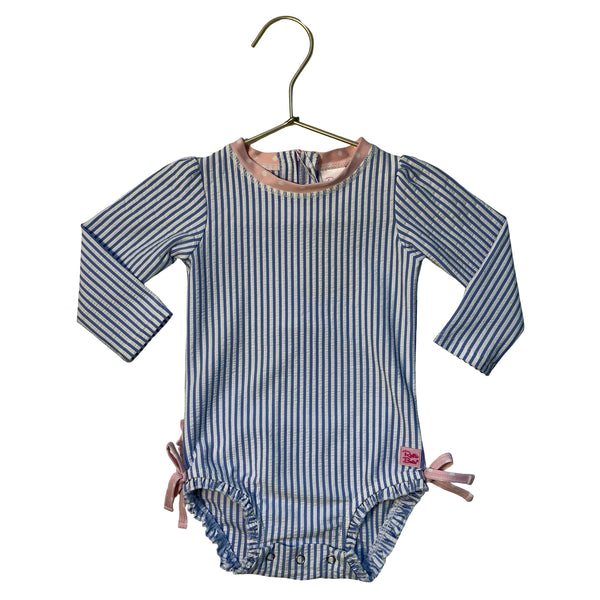 Ruffle Butts Blue & White Striped Seersucker Swim Suit - Size 12-18 Mo