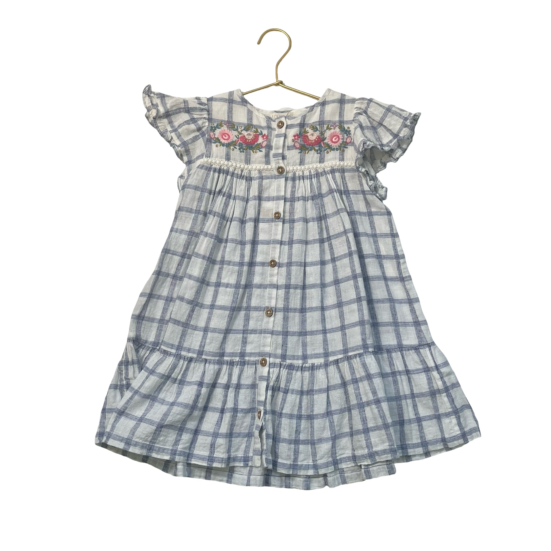 Louise Misha Ivory & Navy Plaid Embroidered Flower Dress - Size 4Y