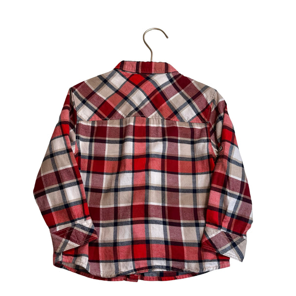Okaidi Ivory, Tan, Red Plaid Flannel Button Down - Size 3A