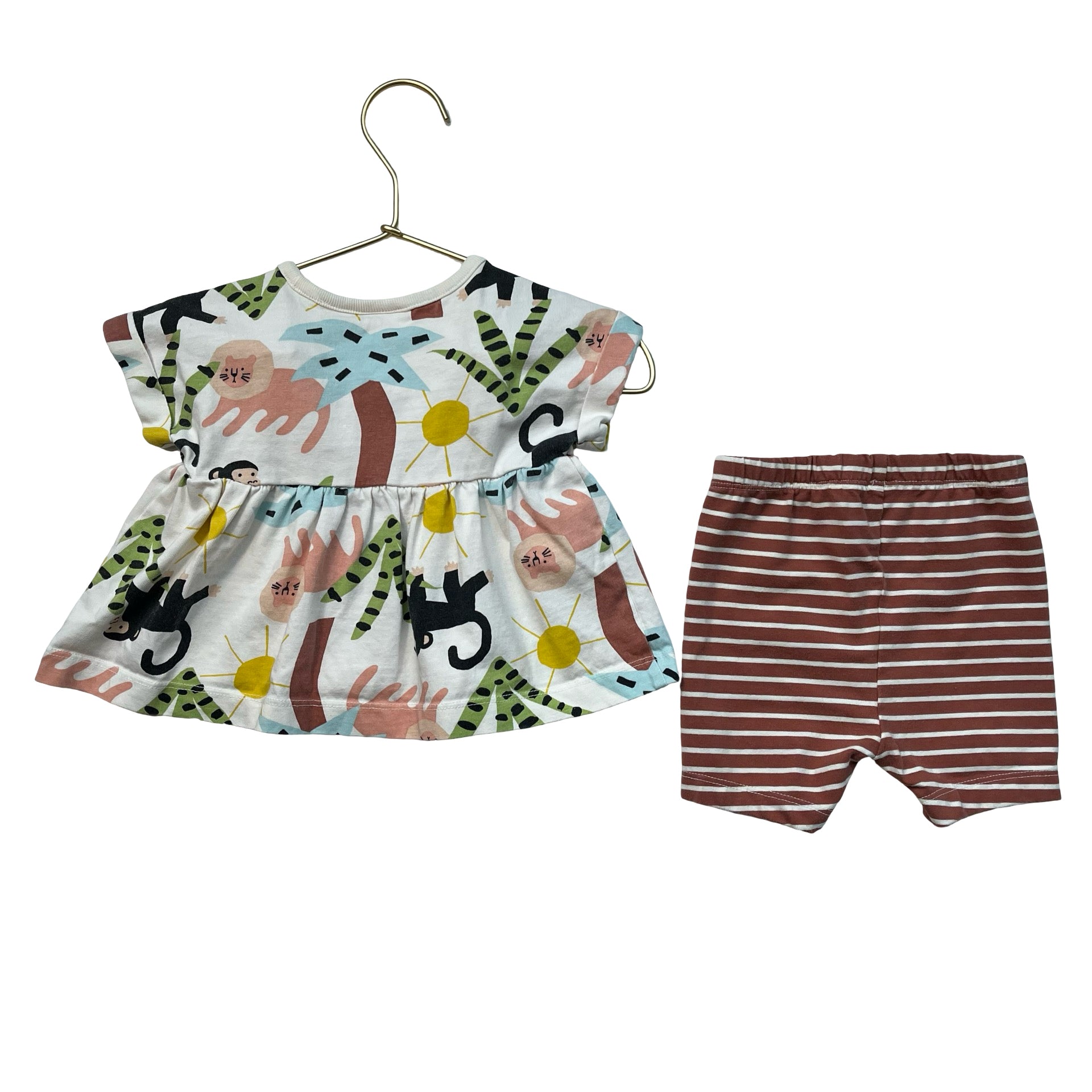 Hanna Andersson Ivory Animal Print Top & Brown Striped Shorts Set - Size 3-6 Mo