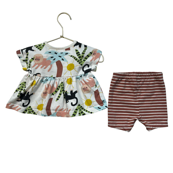 Hanna Andersson Ivory Animal Print Top & Brown Striped Shorts Set - Size 3-6 Mo