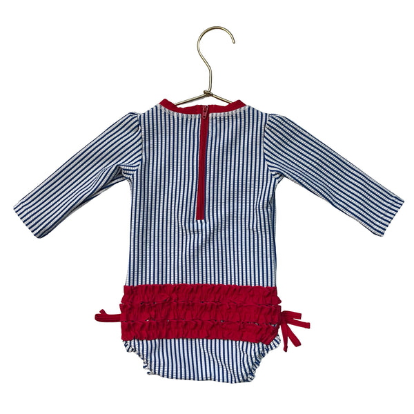 Ruffle Butts Navy & White Striped Seersucker Swim Suit - Size 6-12 Mo
