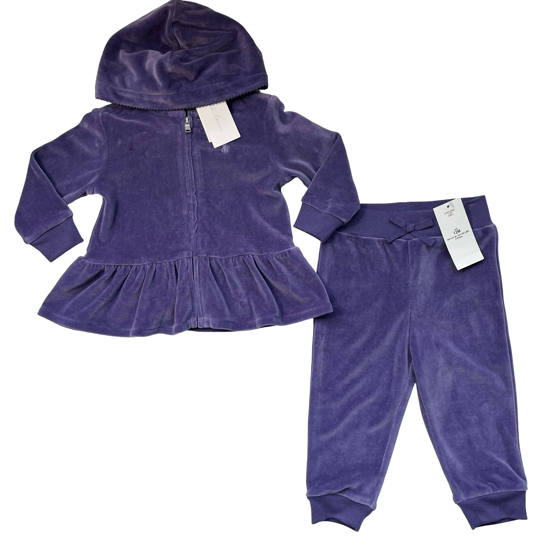Ralph Lauren Purple Velour Zip Up Hooded Sweatshirt & Joggers with Tags - 12 Mo