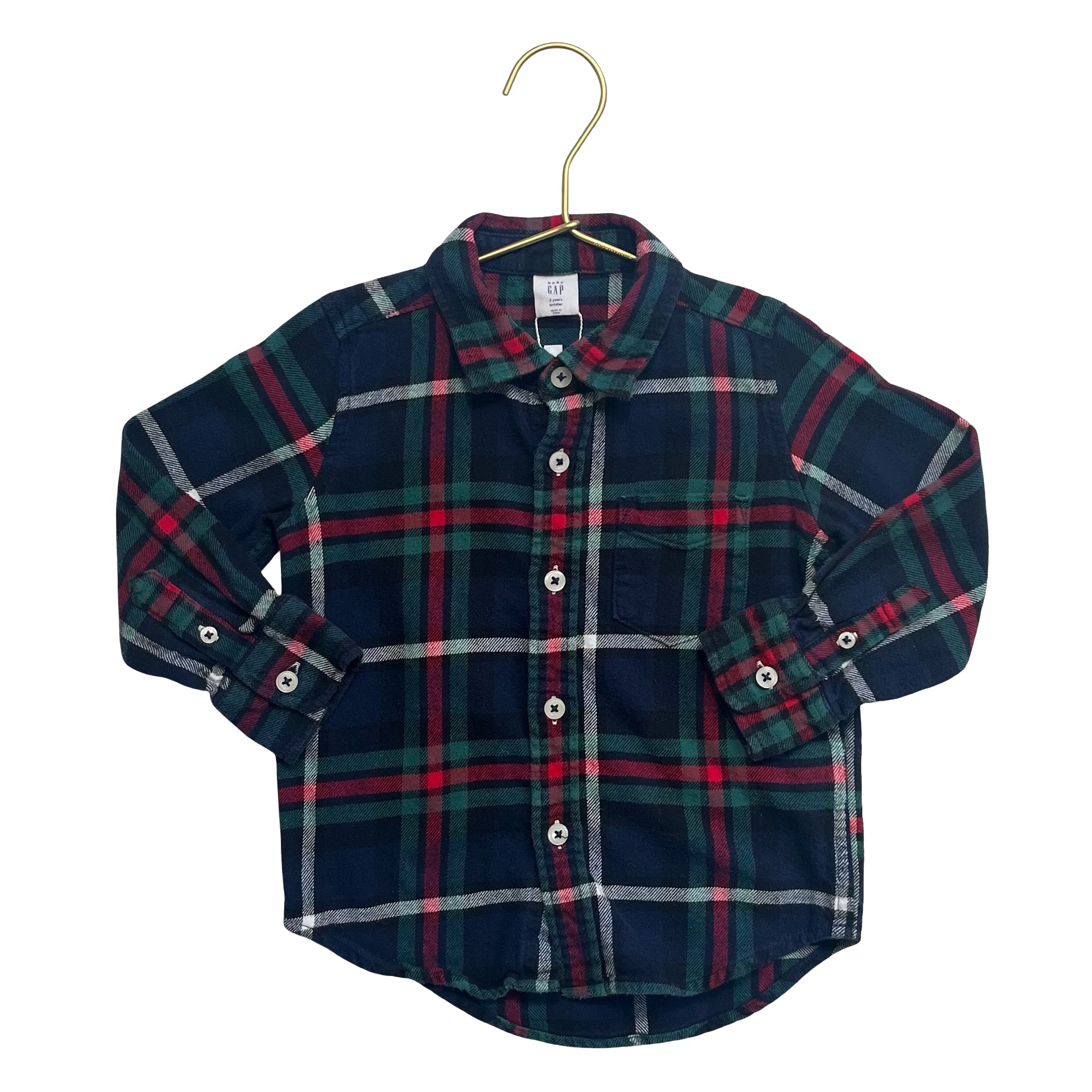 Baby Gap Navy, Green, Red & Ivory Plaid Flannel Button Down Shirt - Size 2 - Bounce Mkt