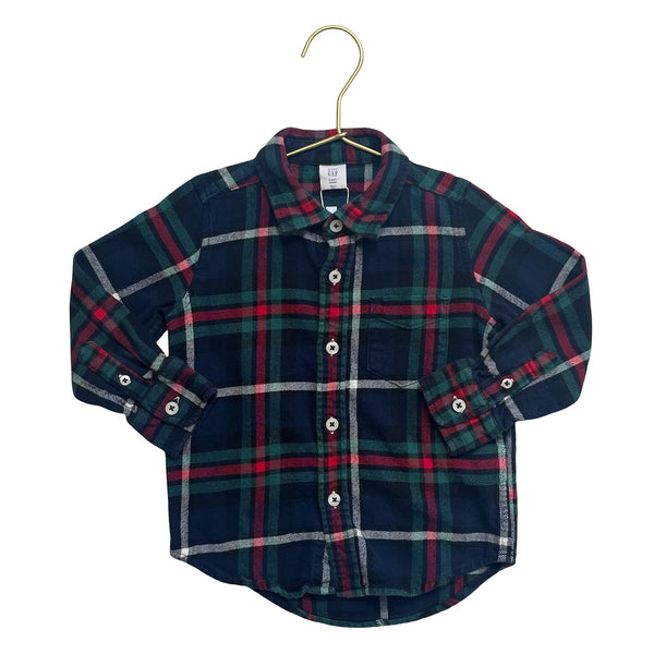 Baby Gap Navy, Green, Red & Ivory Plaid Flannel Button Down Shirt - Size 2 - Bounce Mkt