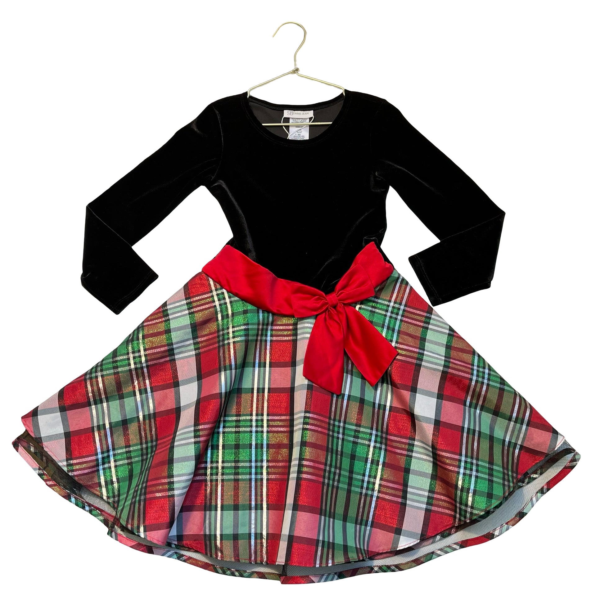 Bonnie Jean Black Velour & Red, Green, Metallic Silver Plaid Dress - Size 6X