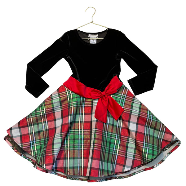 Bonnie Jean Black Velour & Red, Green, Metallic Silver Plaid Dress - Size 6X
