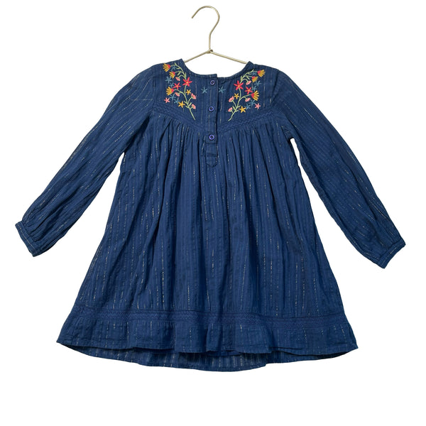 Peek Navy & Gold Metallic Stripe Embroidered Flower Dress - Size 4-5