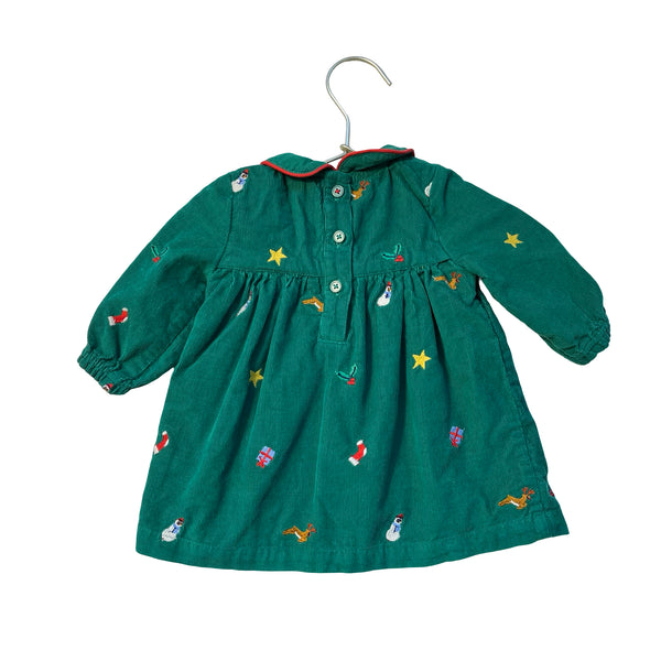 Baby Boden Green Corduroy Smocked & Embroidered Christmas Dress - Size 0-3 Mo