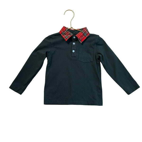 Andy & Evan Green Long-Sleeved Polo, Red Tartan Collar - Size 3T