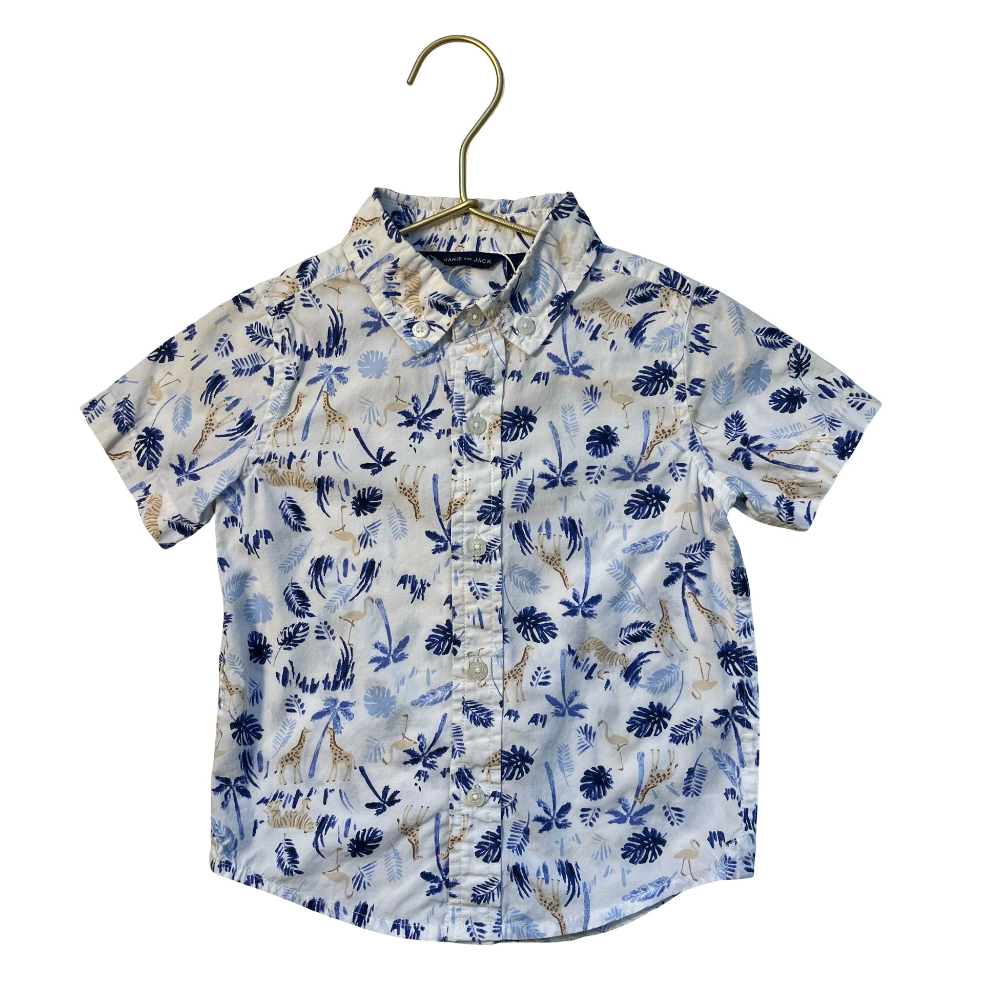 Janie and Jack White, Blue, Tan Jungle Print Button Down Shirt - Size 2T