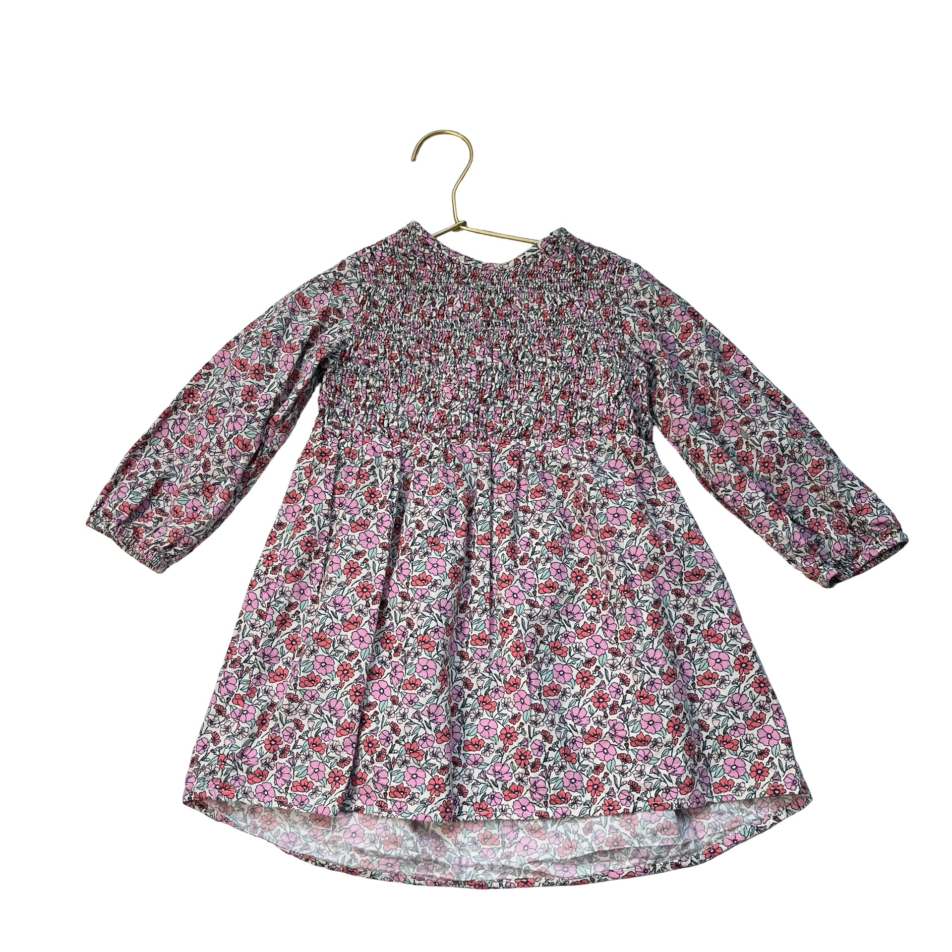 Zara Pink & Red Floral Smocked Long Sleeve Dress - Size 2/3