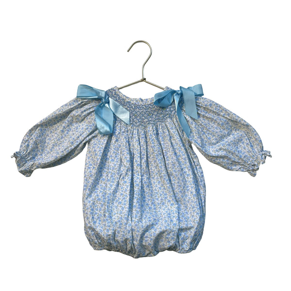 Stitchy Fish White & Blue Floral Smocked Bubble Romper - Size 12 Mo