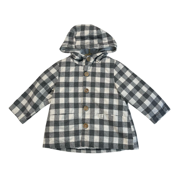 Zara Gray & Ivory Check Flannel Hooded Jacket - Size 12-18 Months