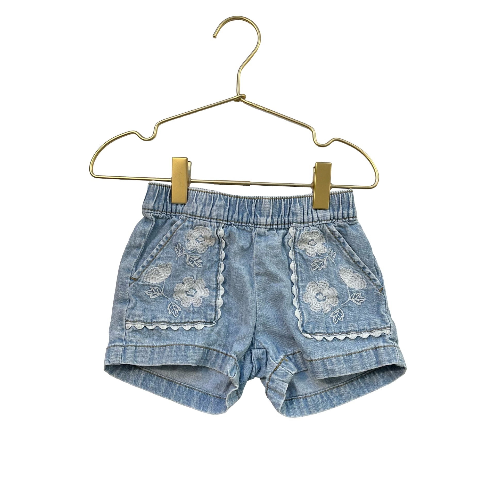 Cat & Jack Light Wash Denim Jean Shorts, White Embroidered Flowers - Size 4T