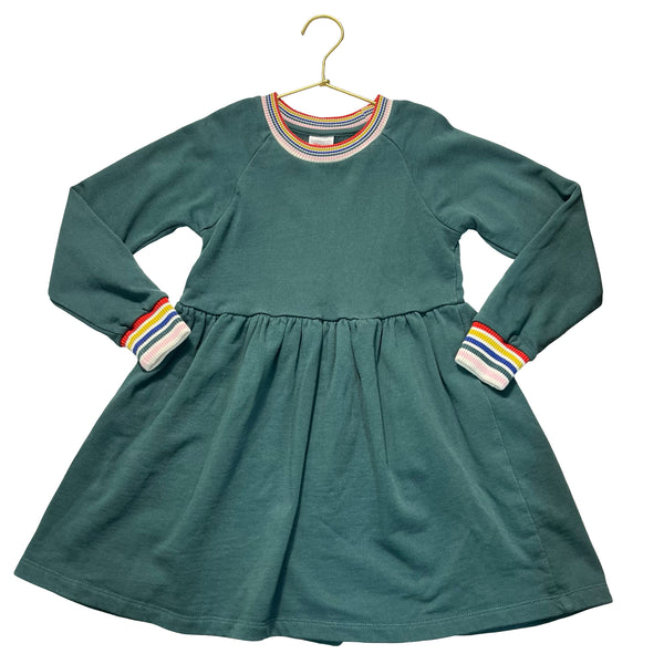 Hanna Andersson Green & Striped Trim Sweatshirt Dress - Size 6/7