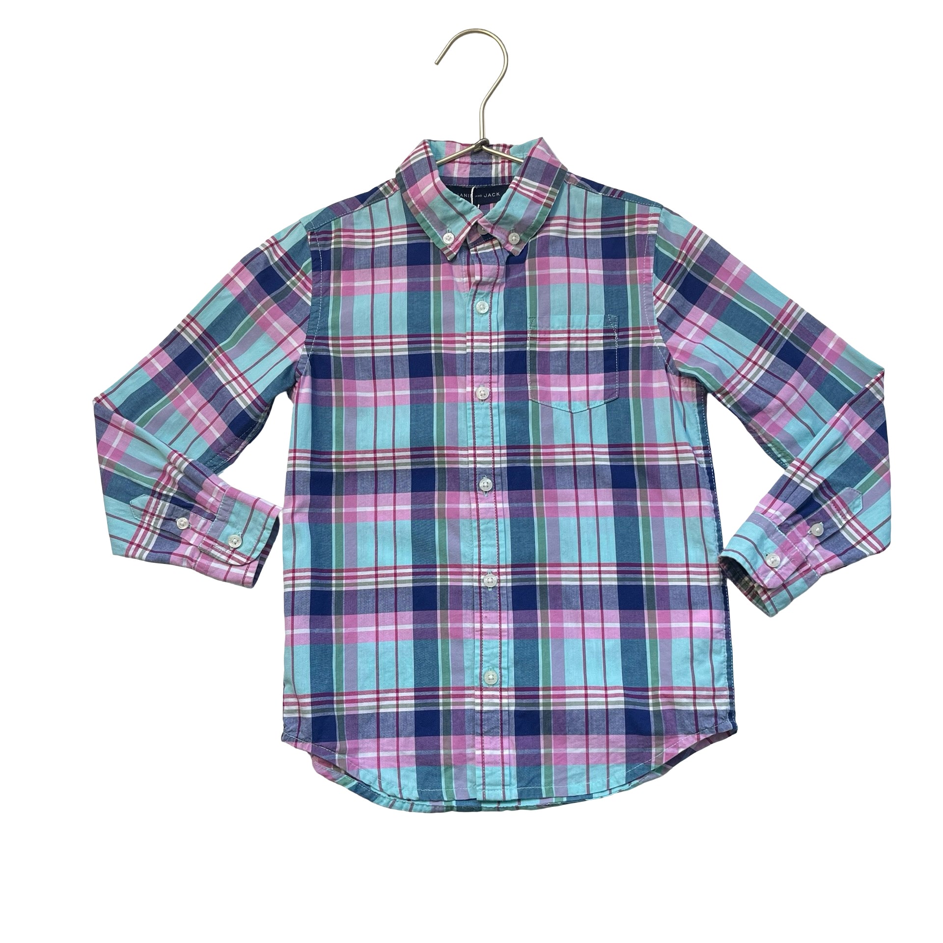 Janie and Jack Teal, Purple, Blue, Pink Plaid Button Down Shirt - Size 5