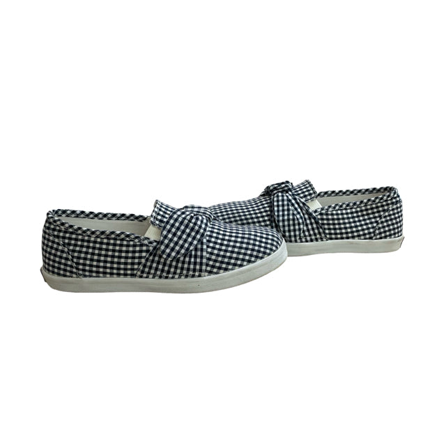 Janie and Jack Navy & Ivory Gingham Bow Slip On Sneakers - Size 12
