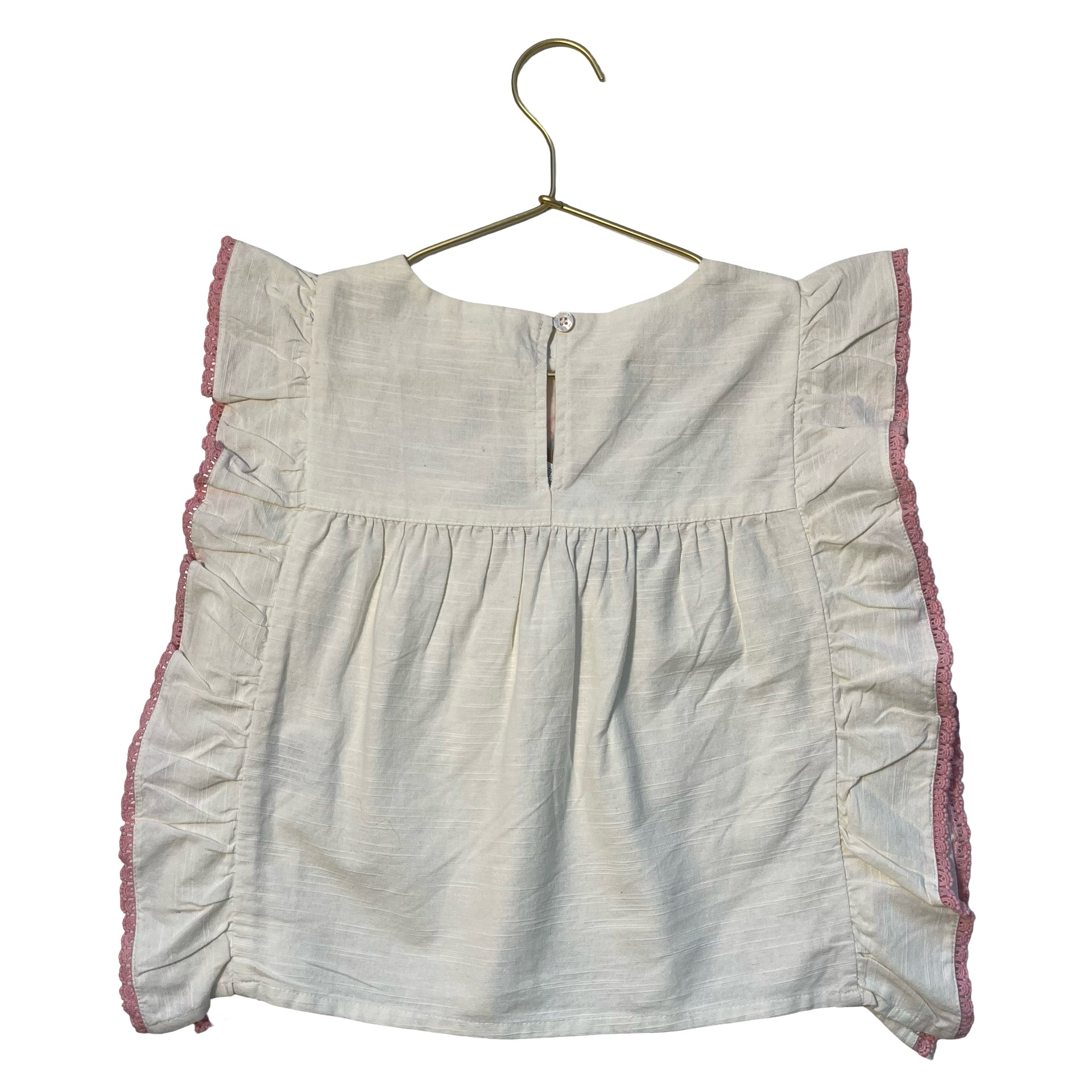 Louise Misha Ivory & Pink Embroidered Flower Cotton-Linen Top - Size 7Y