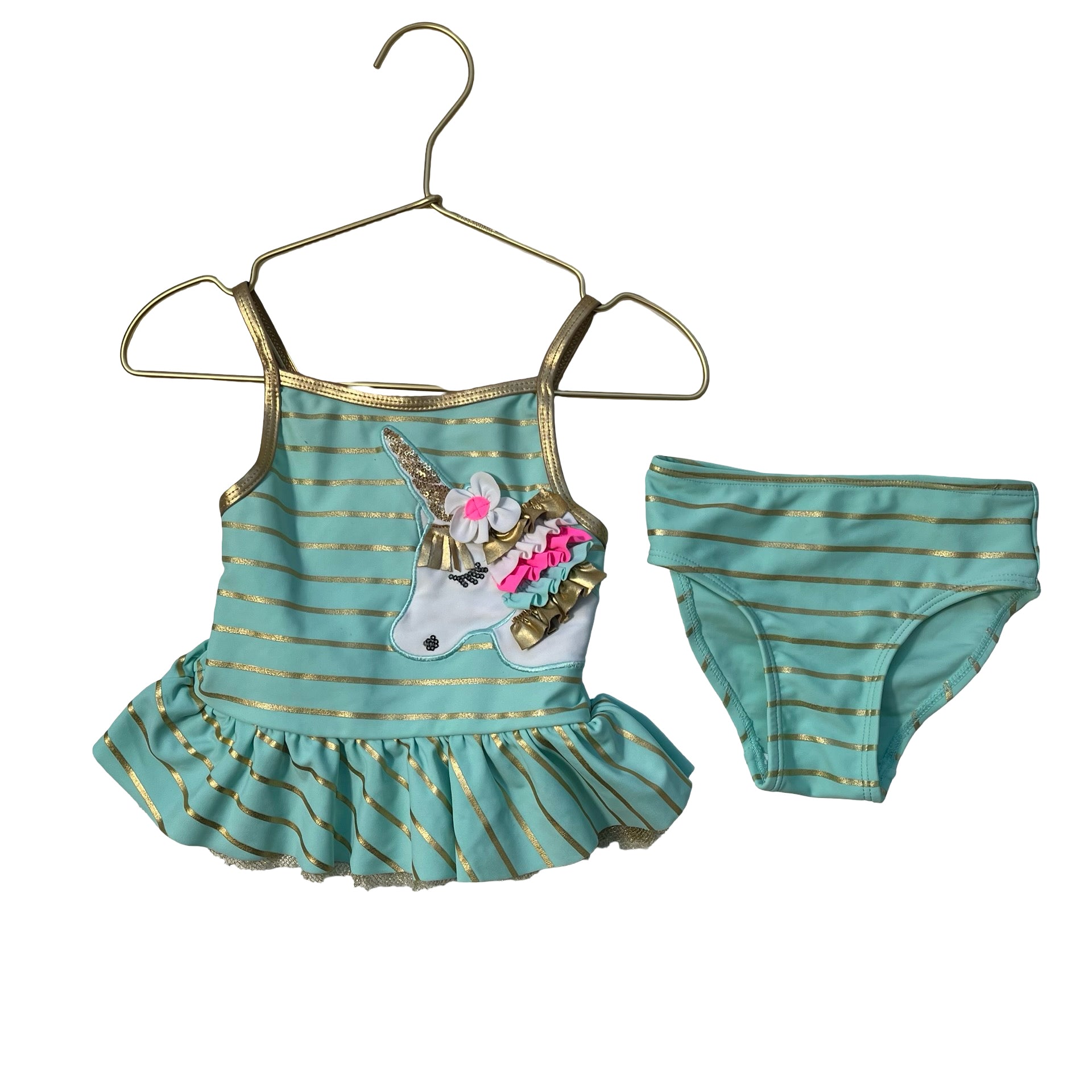 Flapdoodles Mint Green & Gold Metallic Unicorn Tankini Swim Suit - Size 18 Mo