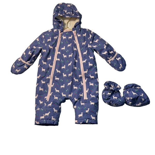 Baby Boden Blue & Deer Print Snowsuit Bunting - Size 3-6 Mo