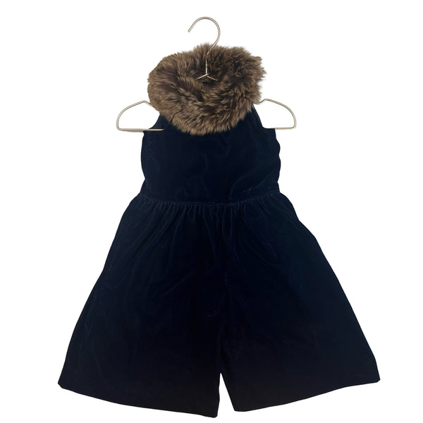 Janie and Jack Velour Navy Jumpsuit, Faux Fur Collar- Size 12-18 Mo