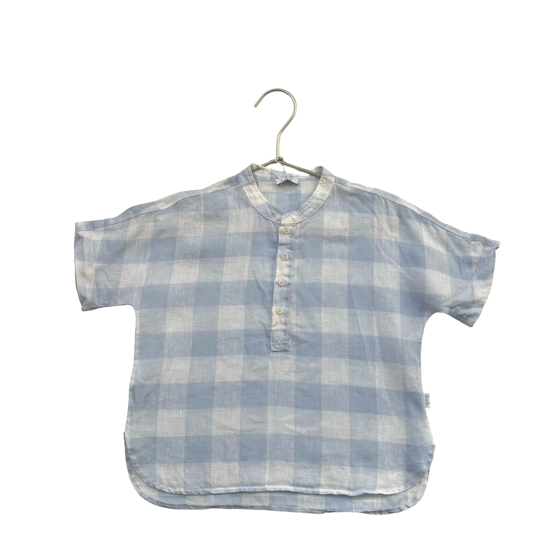 Il Gufo Light Blue & White 100% Linen Gingham Henley Shirt - Size 36 Mo