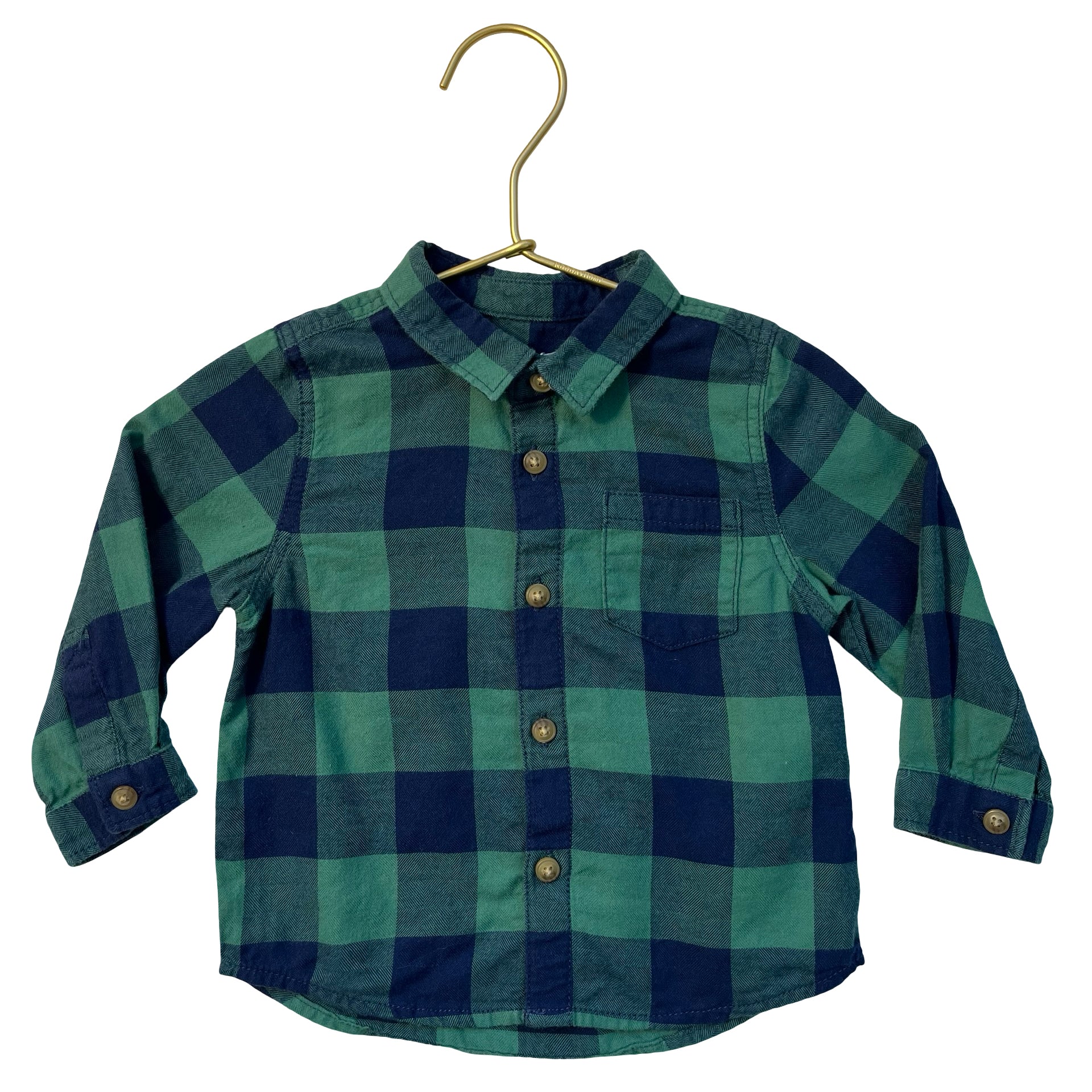 Zara Green & Navy Plaid Flannel Button Down Shirt - Size 6-9 Mo