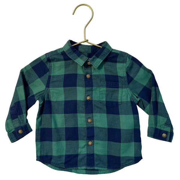 Zara Green & Navy Plaid Flannel Button Down Shirt - Size 6-9 Mo