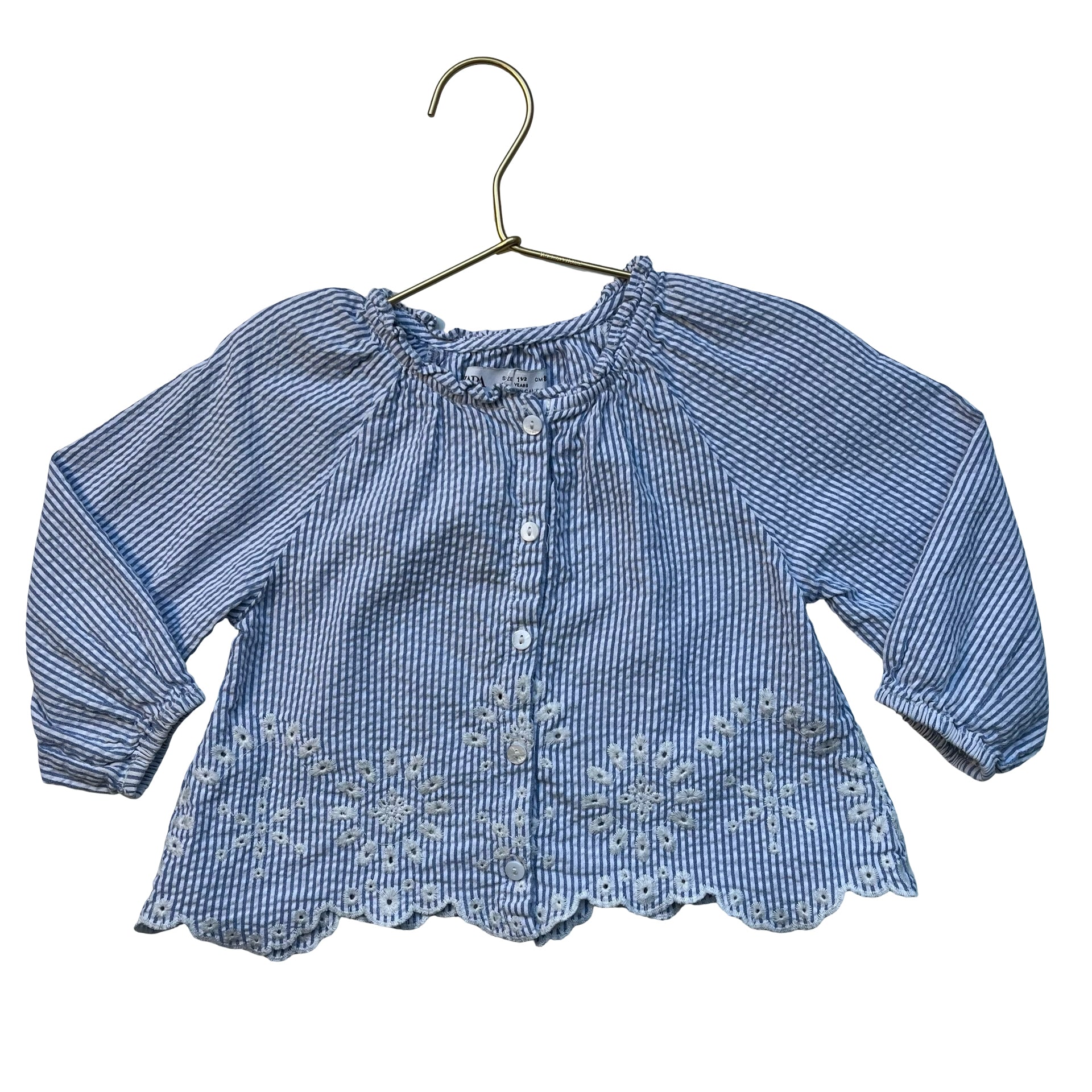 Zara Blue & White Striped Seersucker Eyelet Blouse - Size 1.5Y
