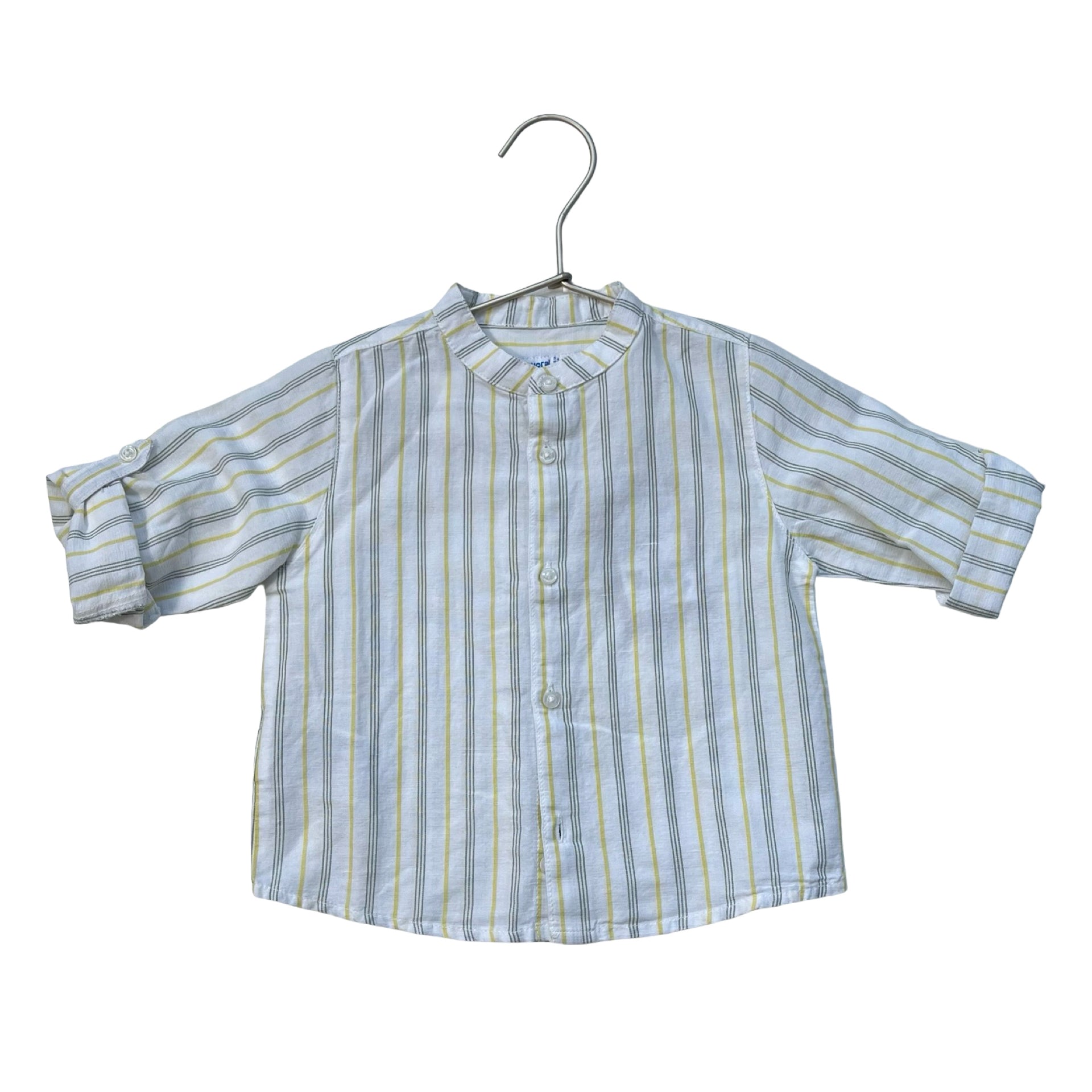 Mayoral Ivory, Yellow, Green Striped Cotton-Linen Button Down - Size 12 Mo