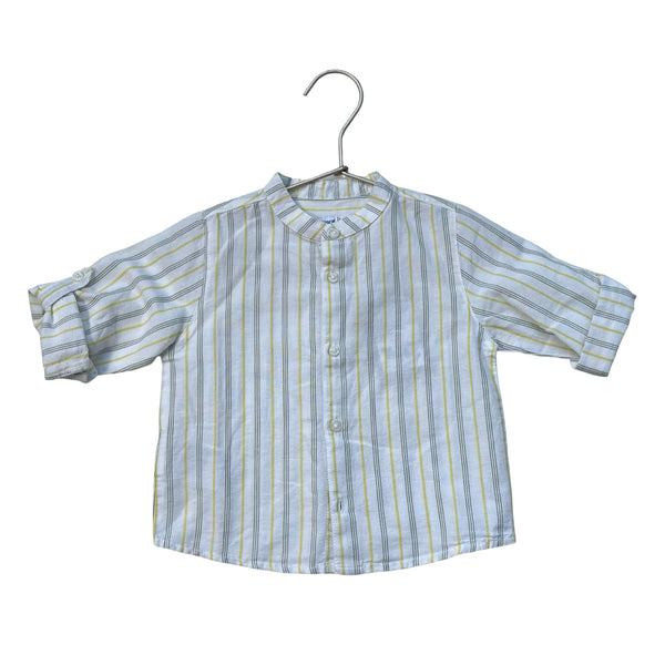 Mayoral Ivory, Yellow, Green Striped Cotton-Linen Button Down - Size 12 Mo